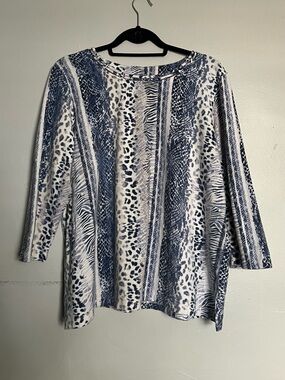 Alfred Dunner Animal Print Blouse Blue White L 3/4 Sleeve Casual Top Women’s